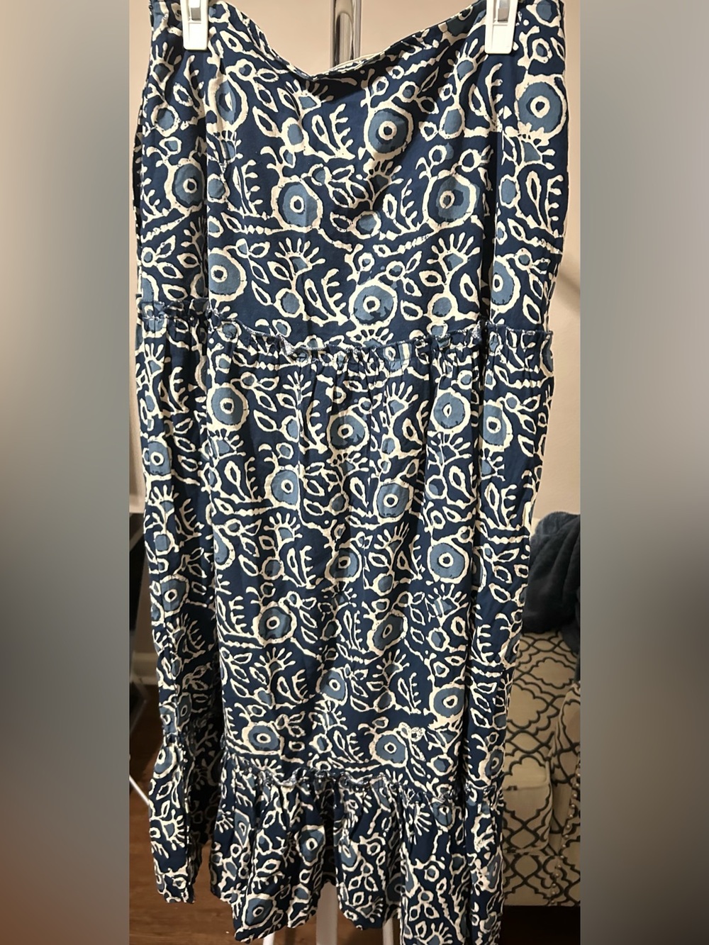 Women's Navy Blue Floral Tiered Cotton Maxi Skirt